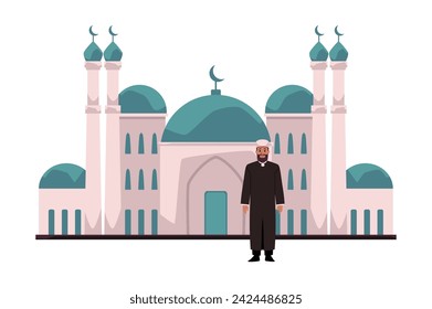 Mullah, Imam o Mufti en la mezquita de fondo con media luna. Religión islámica. Oración de Ramadán Kareem. Arquitectura y cultura musulmana tradicional. Ilustración vectorial aislada en blanco