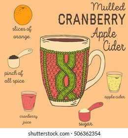 Mulled Cranberry Apple Cider Recipe With Ingredients. Vegetarian Hot Drinks. Hand Draw Knitted Cup Isolated On Color Background. Recipe And Ingredients Of Vegan Hot Drinks For Restaurant Or Cafe.