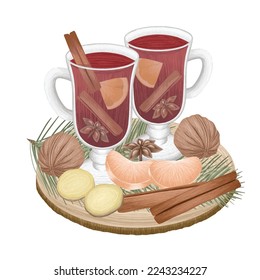 Mulled in glasses with seasonings. Ginger, cinnamon, peanuts, anise star. Vector winter art, all details is separate.
