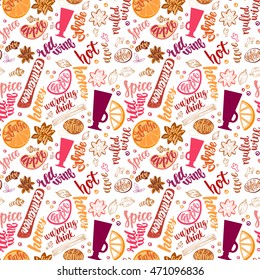 Mulled Hot Wine. Decorative vector illustration and handwritten brush lettering for flyer or menu design. Background with hot wine spices and ingredients to cook mulled wine on chalkboard background.