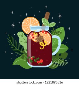 Mulled hot wine with orange slices and spices. Vector winter illustration.