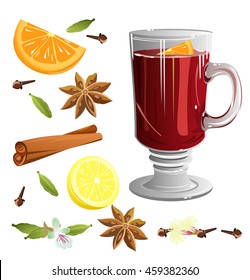 Mulled hot wine with set of ingredients (cinnamon sticks, star anise, orange, cloves, cardamom, lemon). Vector illustration.