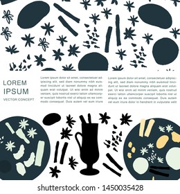 Mulled spices border in black and space for text. White background. Vector