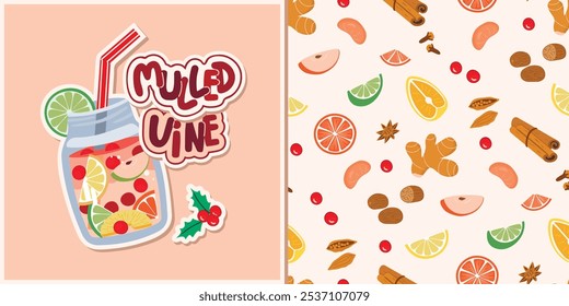 Estampado de vid caliente y patrón sin fisuras con ingredientes. Bebidas de invierno, frutas, bayas y especias. Piezas de limón, naranja, manzana, mandarina, jengibre, clavos, cardamomo. colección de Vector en estilo plano.