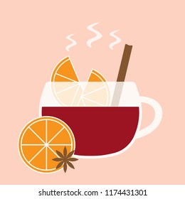 mulled vine with slice of orange and cinnamon- vector illustration