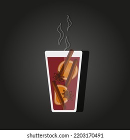 Mulled wine with an anise star, cinnamon stick and orange slices in a transparent glass with steam on a black background. Hot winter drink. A warming drink in a glass with spices and citrus.
