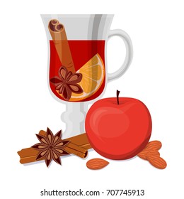 Mulled wine, apple and fragrant spices isolated on white background. Flat vector illustration