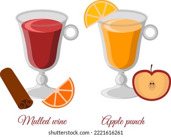 mulled wine apple punch vector flat design illustrations winter season drinks