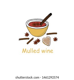 Mulled wine banner festive elements for restaurant and cafe menu, for web. Winter drink, christmas cookies, spices, cinnamon, cardamom art object isolated stock vector isolation