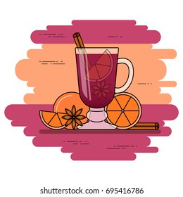 Mulled wine banner with hot red wine with cinnamon, orange and star anice. Isolated flat line vector illustration of autumn and winter hot alcohol drink. 