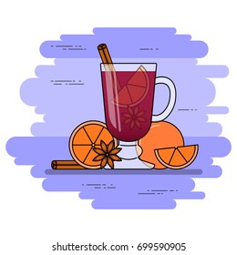 Mulled wine banner with hot red wine with cinnamon, orange and star anice. Isolated flat line vector illustration of autumn and winter hot alcohol drink. 