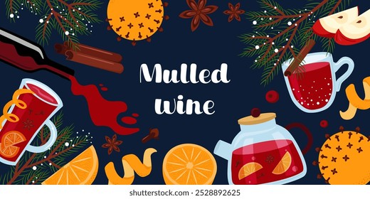 Mulled wine banner template. Christmas punch in various cups and glasses. Hot red wine with fruit and spice collection.