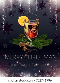 Mulled wine. Black Merry Christmas and happy new year postcard. Holiday alcoholic cocktail. Realistic illustration. Xmas banner. Falling sequins and sparkle. Sparkly rain. Proportional to A6. Vector.