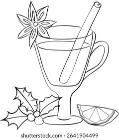 Mulled wine black and white composition isolated. Vector graphic line ink illustration. Silhouette sign for logo, print, comics, fashion, pop art, boards, design, stickers, decoration, posters



