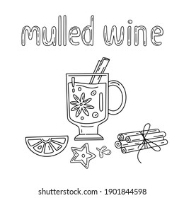 Vino asado, ilustración vectorial en blanco y negro y letras.