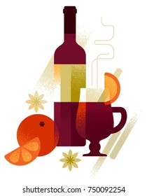 Mulled wine. Bottle and glass full of hot red wine, decorated with orange slices and spices. Trendy flat style vector illustration. Decorative composition for winter seasonal design