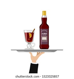 Mulled wine bottle and glass on tray. Vector illustration