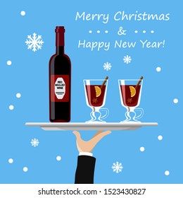 Mulled wine bottle and glass on tray on blue background. Vector illustration