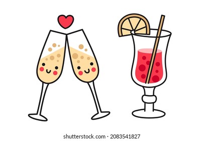 Mulled wine and champagne flutes. Symbol of new year celebration and christmas. Collection of traditional winter beverages. Vector isolated colored illustration for menu, print, postcard.