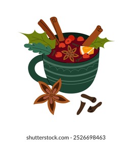 Mulled wine. Christmas mug with hot drink. A wine drink with spices and a cinnamon stick. Hot wine drink. National Mulled Wine Day.