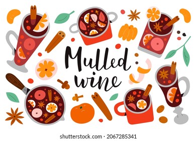 Mulled Wine, Christmas Punch In Various Cups And Glasses, Hot Red Wine With Fruit And Spice, Scented Alcohol Drink With Cinnamon, Clove And Anise Star, Festive Glintwine, Isolated Vector Illustrations