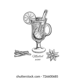 Mulled wine with cinnamon and anise star.  Vector hand drawn illustration. 
