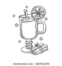 Mulled wine with cinnamon. Coloring book. Icon. Vector.