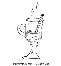 Mulled wine with cinnamon in a glass cup with a handle. Vector illustration of a glass with mulled wine and cinnamon stick. Hand drawn.