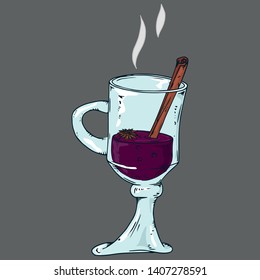 Mulled wine with cinnamon in a glass cup with a handle. Vector illustration of a glass with mulled wine and cinnamon stick. Hand drawn.