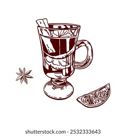 Mulled wine with cinnamon, lemon wedge, star anise. Vector illustration in graphic style. For Christmas invitations, cards, posters, banners, labels.