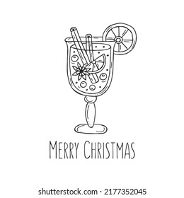 Mulled wine with cinnamon, orange and star anise on a white background. Vector illustration in doodle style. Winter mood. Hello 2023. Merry Christmas and Happy New Year. 