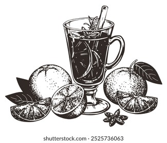 Mulled wine with cinnamon stick, star anise. Glass with warm wine and oranges. Hand drawn vector illustration. Engraved style of winter alcoholic warming drink with spices. Drawing for menu.