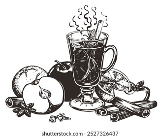 Mulled wine with cinnamon stick, star anise. Glass with warm wine, apples and oranges. Hand drawn vector illustration. Engraved style of winter alcoholic warming drink with spices. Drawing for menu.