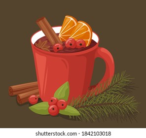 Mulled wine with cinnamon sticks, orange slices, berries and anise star. Design for greeting card, postcard, poster, print. Vector illustration. 
