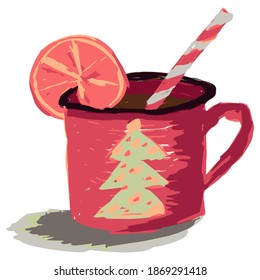 Mulled wine with citrus slice in red mug with Christmas tree isolated on the white background