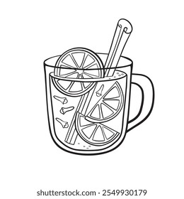 Mulled wine in a clear glass mug. Warm Christmas drink with cinnamon stick, spicy cloves, citrus fruits, and orange slices. Coloring page, black and white outline drawing. Vector doodle illustration.