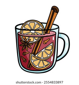 Mulled wine in a clear glass mug. Warm Christmas drink with cinnamon stick, spicy cloves, star anise, badian, citrus fruits, and orange slices. Vector cartoon illustration on white background.