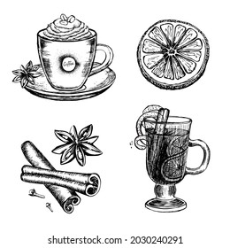 Mulled wine and coffee set. Hand drawn illustration. Vector.	
