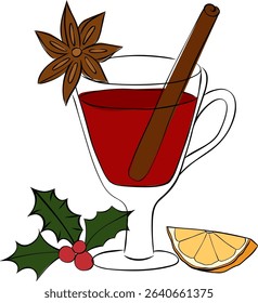 Mulled wine composition isolated. Vector graphic line ink illustration. Silhouette sign for logo, print, comics, fashion, pop art, boards, design, stickers, decoration, posters
