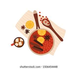 Mulled wine cooking top view vector illustration. Christmas hot drink ingredients creative flat lay. Stewpot with cinnamon sticks, anise spices and wine composition isolated on white background.