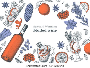 Mulled wine cooking, winter hot drink. Hand drawn sketch. Vector illustration. Christmas invitation design template. Sketch collection. Christmas bar menu. Mulled wine and tea