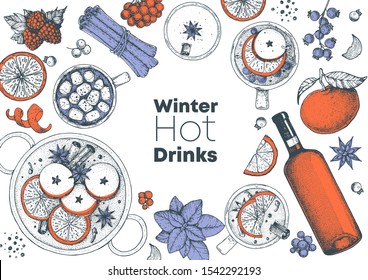 Mulled wine cooking, winter hot drink. Hand drawn sketch. Vector illustration. Christmas invitation design template. Sketch collection. Christmas bar menu. Mulled wine and tea top view