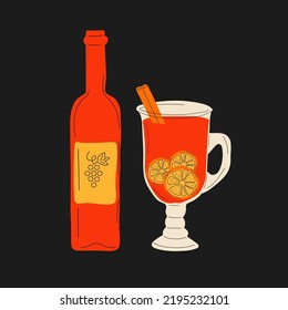Mulled wine in  cup and a bottle of wine . Mulled wine with cinnamon.Vector in cartoon style. All elements are isolated