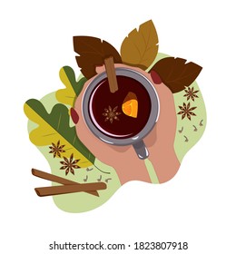 Mulled wine, cup in hand, fragrant drink, autumn drink with spices, wine spiced with cinnamon cloves and vanilla sticks and a slice of orange, vector illustration in flat style.