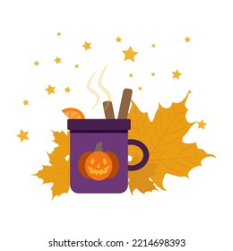 Mulled wine cup with pumpkin, isolated on white  background. Cute vector illustration in flat style