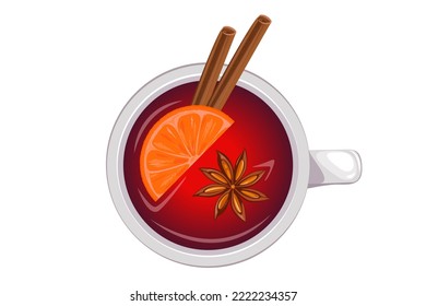 Mulled wine in a cup , top view .Winter drink with anise, orange slice, cinnamon.Christmas drink.Vector illustration.