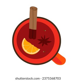 Glühwein in Tasse Draufsicht. Festliche Vektorgrafik. Cartoon-Flachbild-Draufsicht