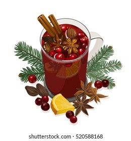 Mulled Wine. Decorative vector illustration for your design. Glass cup with hot wine, orange, cranberry, cinnamon, star anise, cardamom, nutmeg and fir bunch on white background.