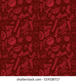 Mulled wine. Decorative vector seamless pattern with handwritten brush lettering and spices to cook mulled wine. Cinnamon, star anise, cardamom, apple, orange, clove and nutmeg on dark red background.