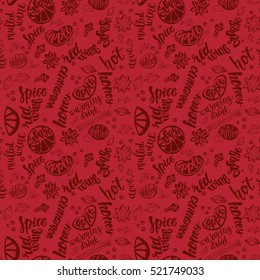 Mulled wine. Decorative vector seamless pattern with handwritten brush lettering and spices to cook mulled wine. Cinnamon, star anise, cardamom, apple, orange, clove and nutmeg on red background.